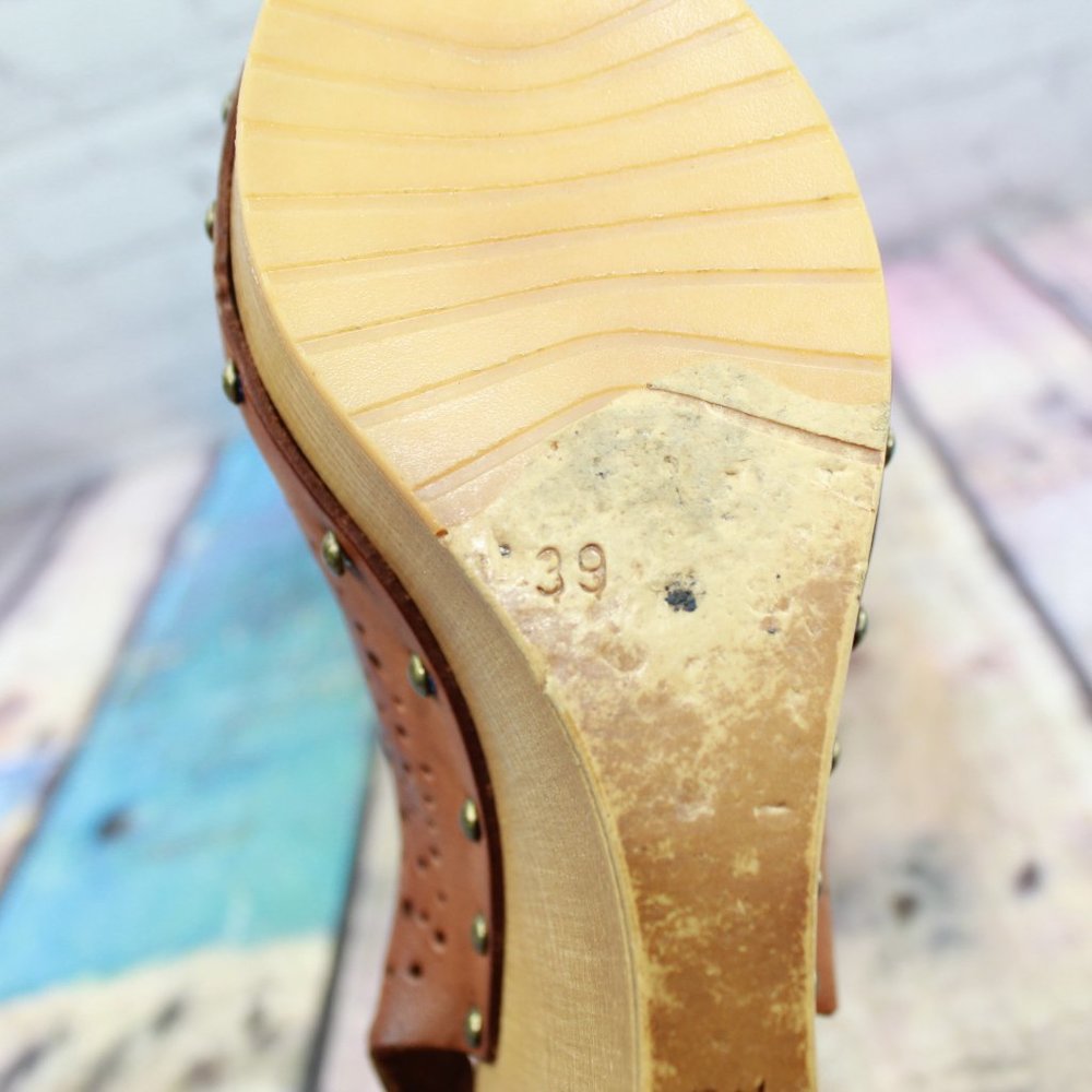 Natalia Blanco Brown Lacer Cut Leather Ankle Strap Platform Sandals Size 9 M - Picture 8 of 9